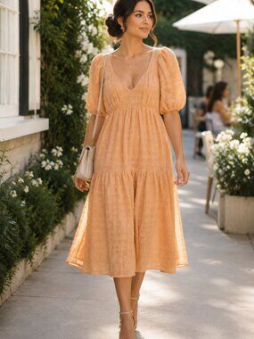 Lulus Peach Textured Open Back Tiered Midi Dress Size Small